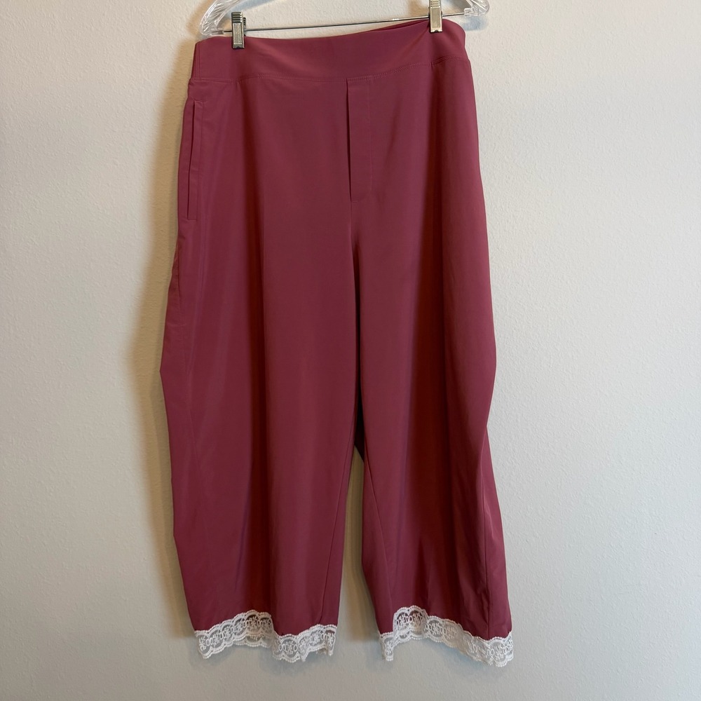 Athleta Crop Pants Women 22 Rose Pink Upcycled Custom Lace Trim Wide Leg Cottage